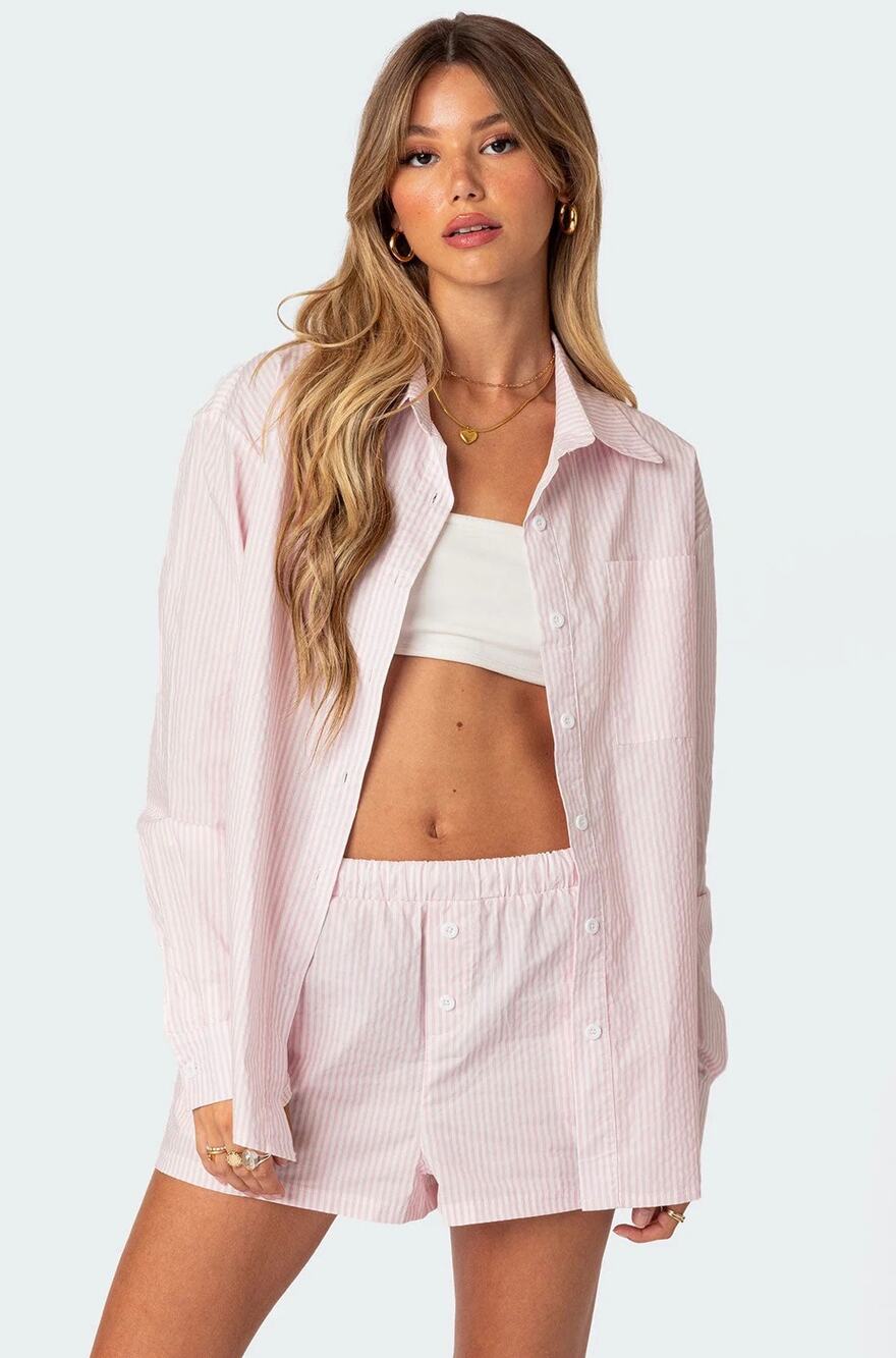 Edikted Pink Oversized Pinstripe Button Up Shirt Size M